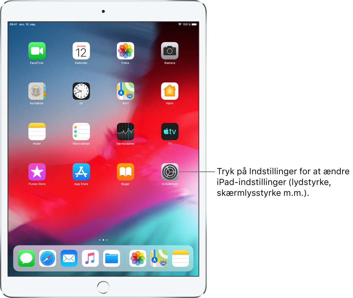 Hjemmeskærmen på iPad med adskillige symboler, herunder symbolet for Indstillinger, som du kan trykke på for at ændre lydstyrken, skærmens lysstyrke m.m. på iPad.