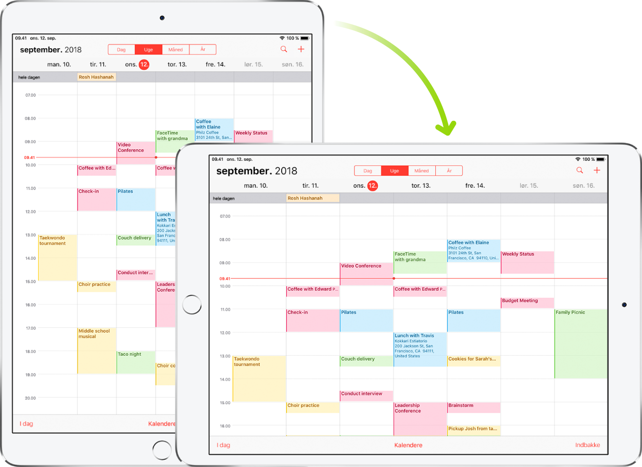 I baggrunden viser iPad en skærm i Kalender i stående retning. I forgrunden er iPad vendt på siden og viser Kalender-skærmen i liggende retning.