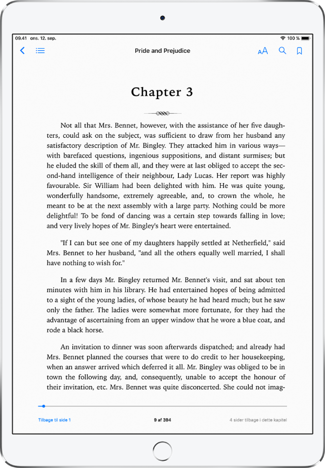Side i en bog, der er åbnet i appen i Bøger. Betjeningspanelet til navigering vises øverst på skærmen, fra venstre mod højre: luk en bog, indholdsfortegnelse, menuen til udseende, søg og bogmærke.