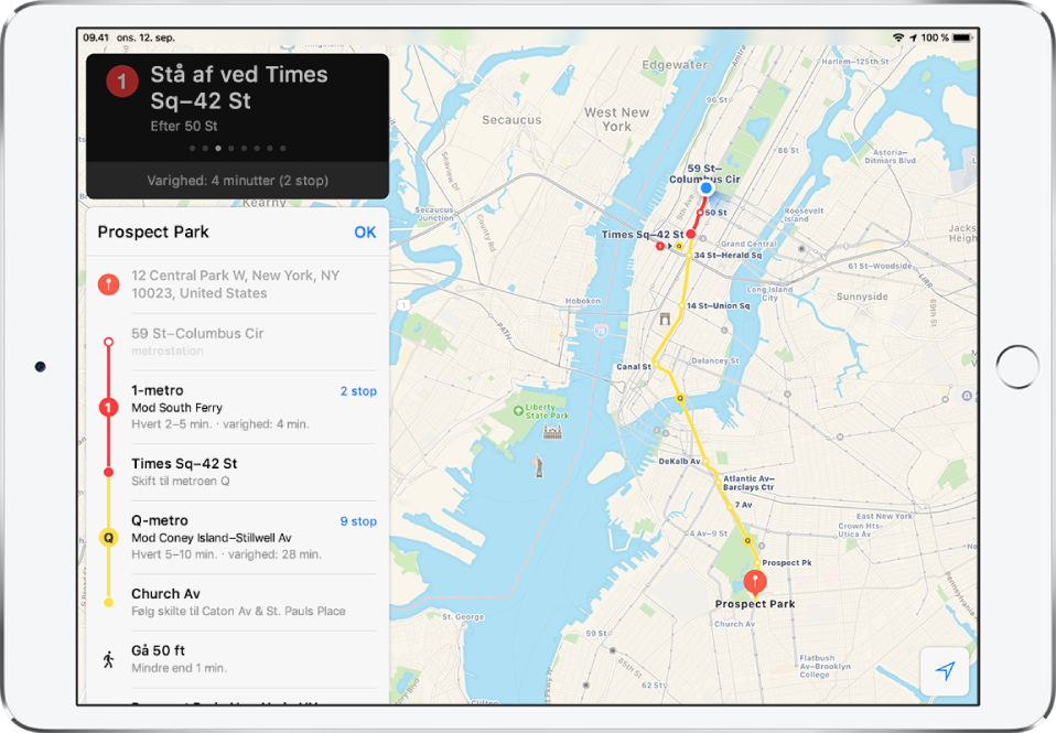 Et kort over offentlig transport i New York City, der viser en toglinje til Prospect Park. Et rutekort til venstre viser vejvisning stop for stop, herunder en togtur og en spadseretur på 50 fod.