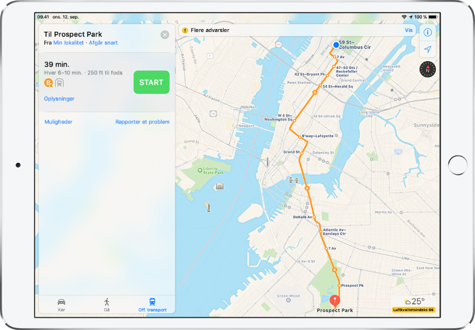 Et offentligt transportkort over New York City, der viser en offentlig transportlinje mellem Columbus Circle og Prospect Park. Et rutekort til venstre viser, at der snart går et tog, og at der går tog hvert minut. Stationen ligger 75 meter fra den aktuelle lokalitet.