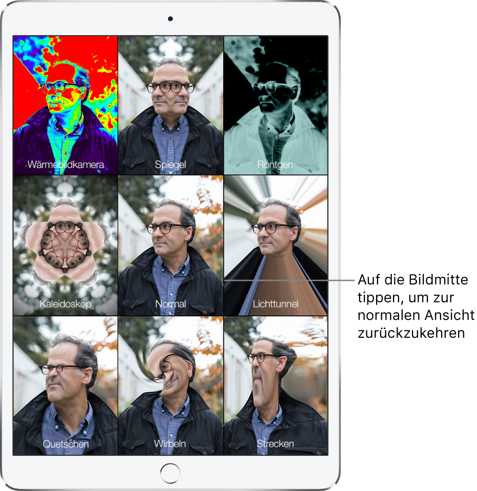 Ein Bildschirm der App „Photo Booth“ mit neun Aufnahmen des Gesichts eines Mannes mit unterschiedlichen Effekten. In der obersten Reihe sind von links nach rechts die Effekte „Wärmebildkamera“, „Spiegel“ und „Röntgen“ zu sehen. In der mittleren Reihe sind von links nach rechts die Effekte „Kaleidoskop“, „Normal“ und „Lichttunnel“ zu sehen. In der untersten Reihe sind von links nach rechts die Effekte „Quetschen“, „Wirbeln“ und „Strecken.“ zu sehen.