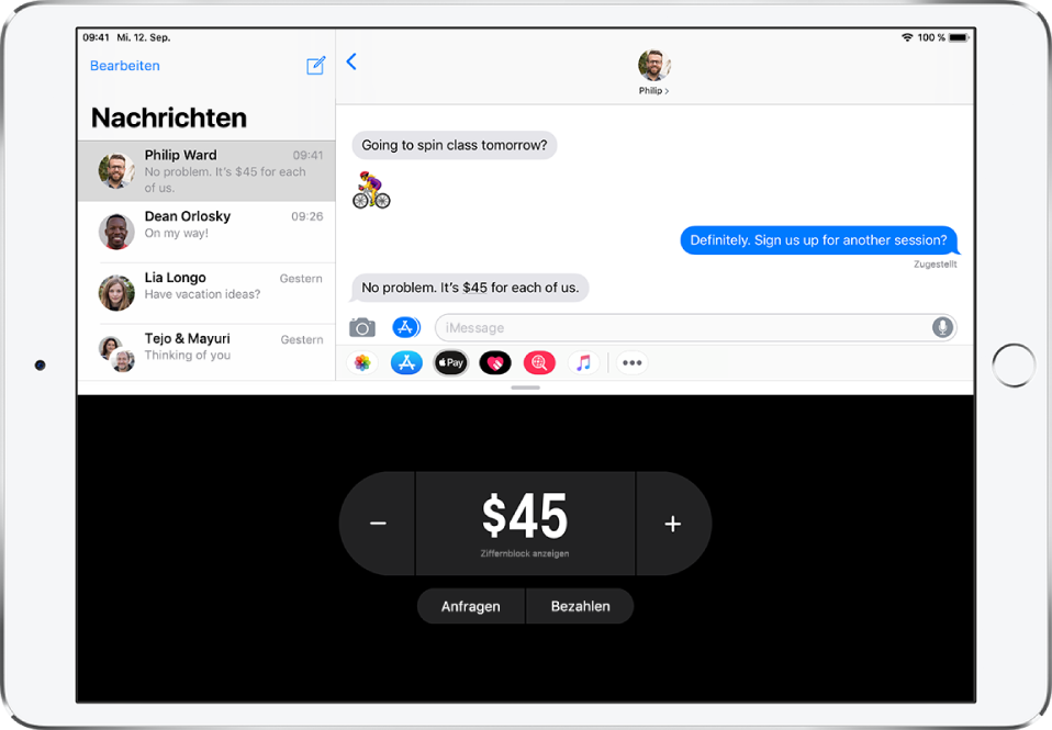Eine iMessage-Konversation mit der geöffneten App „Apple Pay“ unten.