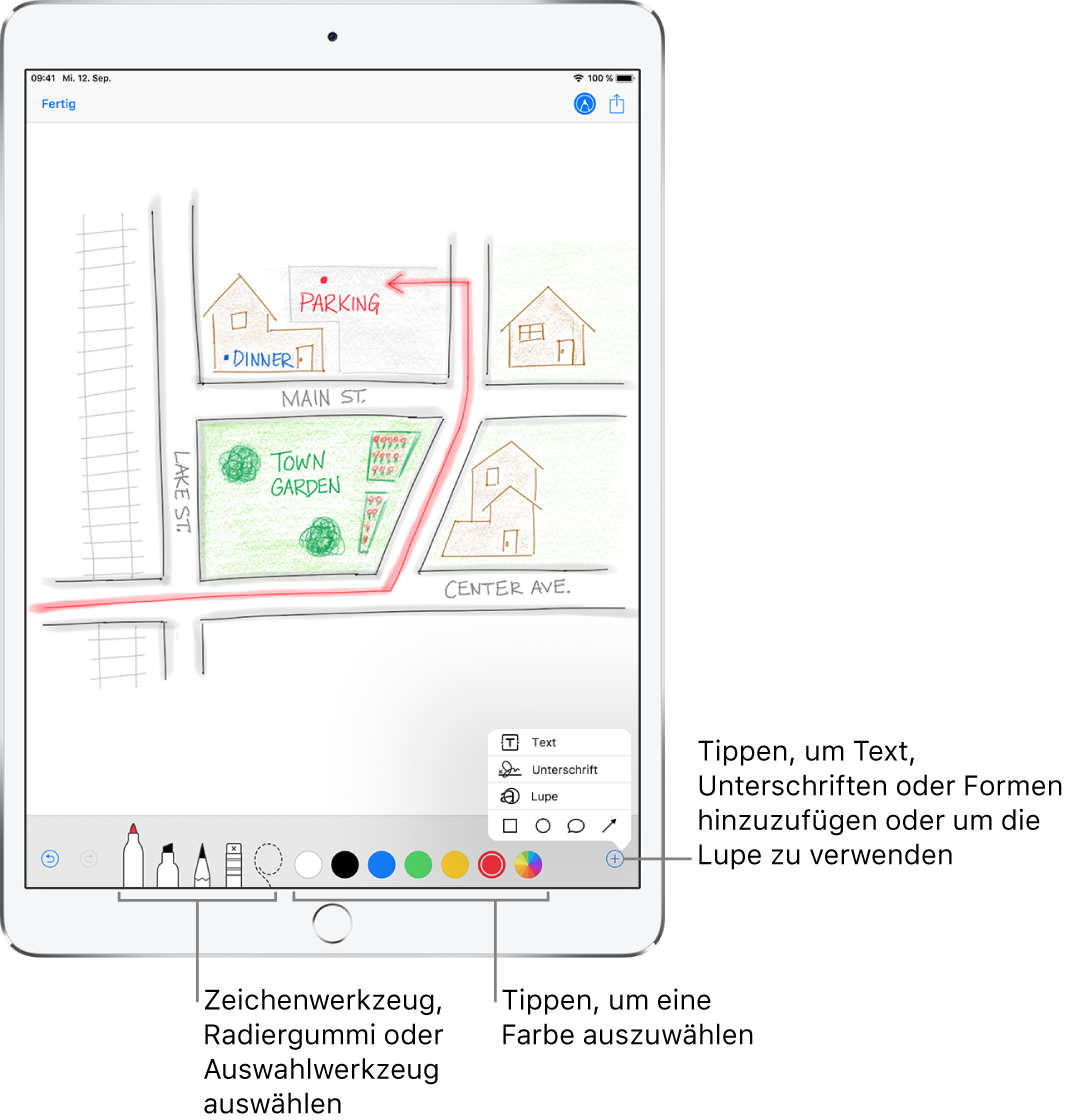 Ein Bild im Fenster „Markierungen“. Unter dem Bild sind von links nach rechts die folgenden Markierungswerkzeuge zu sehen: Malstifte, Radiergummi, Auswahlwerkzeug und Farben, Tasten zum Hinzufügen eines Textrahmens, deiner Unterschrift und von Formen sowie die Lupe.