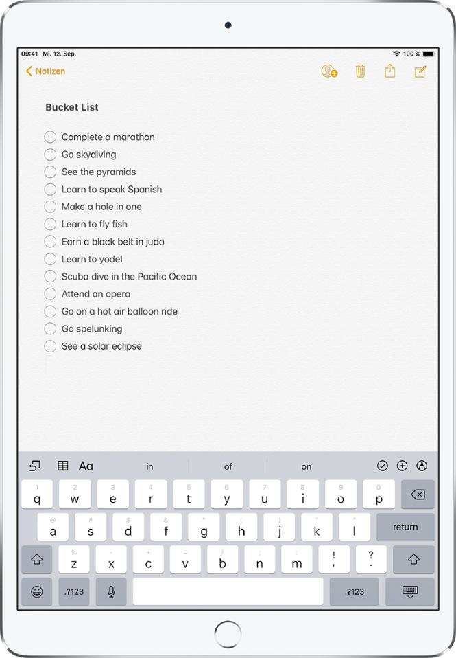 Ein Dokument der App „Notizen“ mit der Bildschirmtastatur.