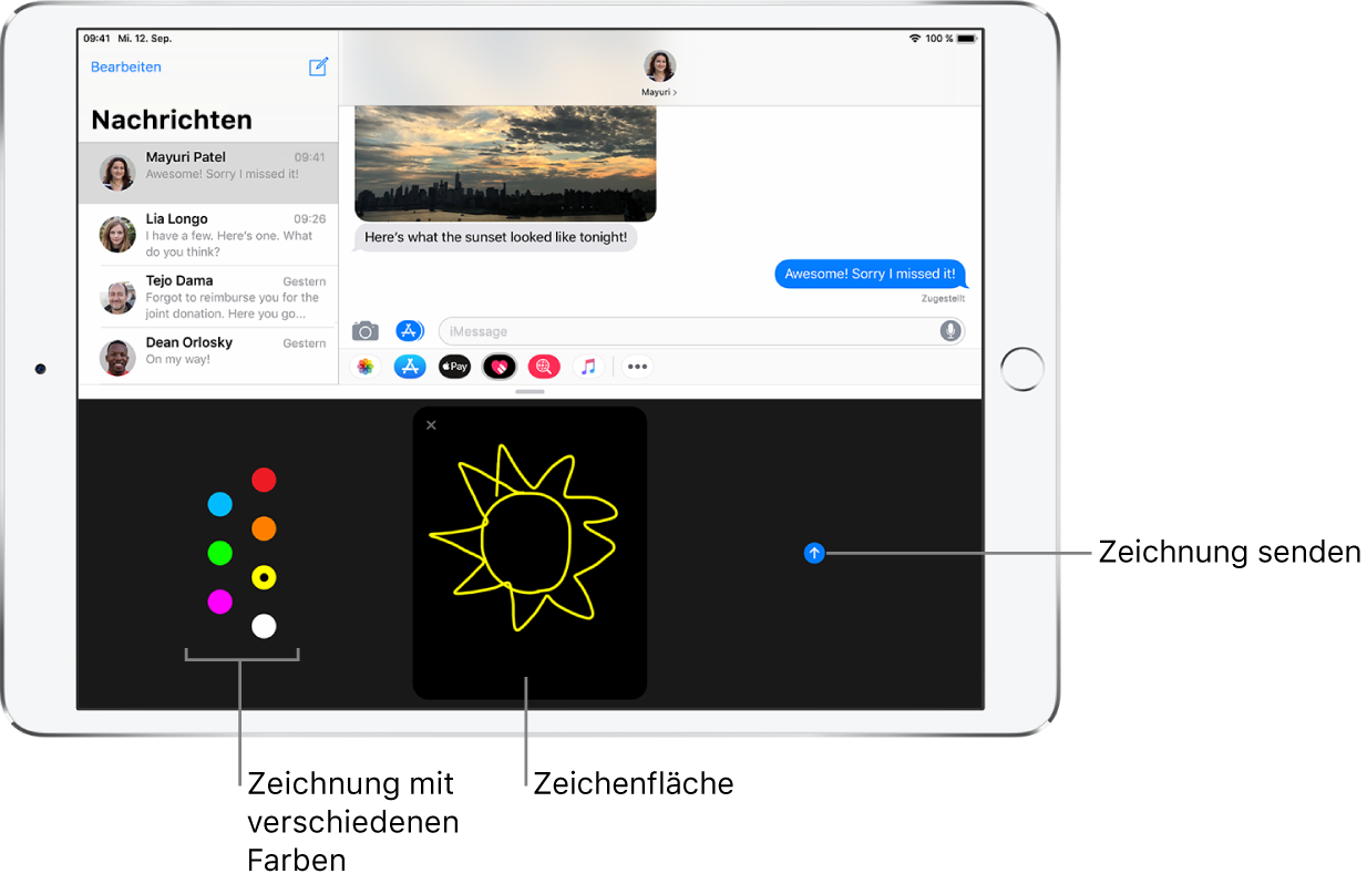 Ein Fenster der App „Nachrichten“ mit dem Bildschirm „Digital Touch“ unten. Links befindet sich die Farbauswahl, in der Mitte der Zeichenbereich und rechts die Taste „Senden“.