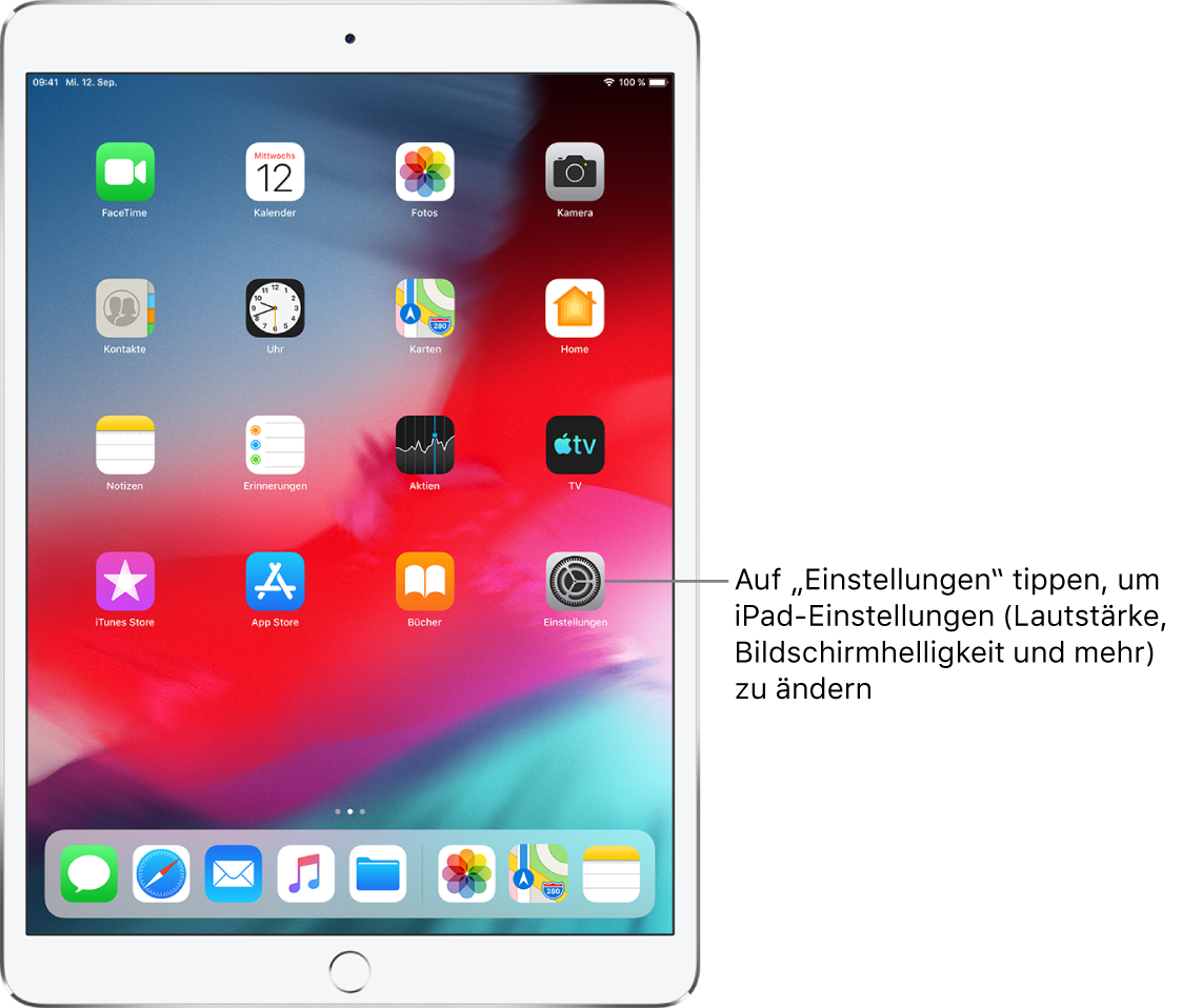 Der Home-Bildschirm des iPad mit mehreren Symbolen, unter anderem mit dem Symbol der App „Einstellungen“, in der du Einstellungen wie die Lautstärke und die Bildschirmhelligkeit für das iPad ändern kannst.