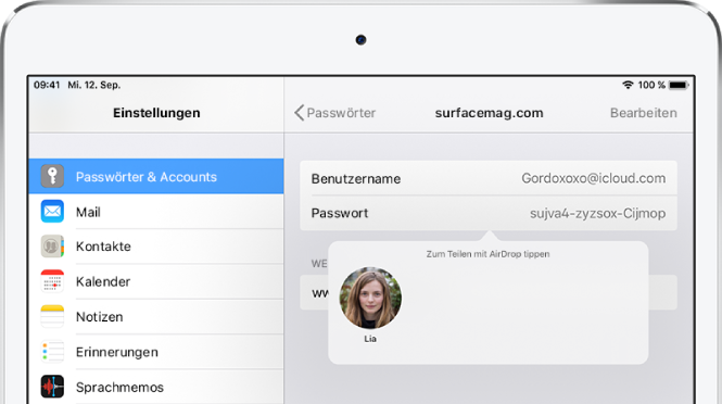 Der Bildschirm „Passwörter & Accounts“ für eine Website. Unter dem Eingabefeld für das Passwort ist die Anweisung „Zum Teilen mit AirDrop tippen“ und darunter ein Foto von Lia zu sehen.