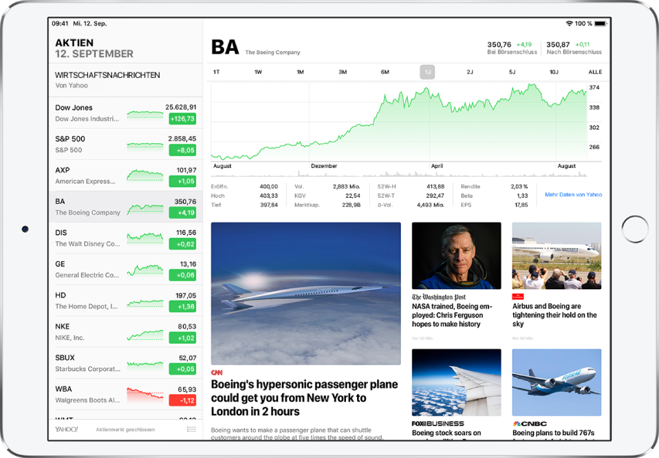 Der Bildschirm „Aktien“ im Querformat. Die Aktienliste befindet sich links auf dem Bildschirm. Rechts neben der Aktienliste ist das interaktive Diagramm einer einzelnen Aktie zu sehen, das die Kursentwicklung der Aktie über einen bestimmten Zeitraum veranschaulicht und weitere Details der Aktie umfasst. Unter dem Diagramm sind Wirtschaftsnachrichten aus verschiedenen Quellen zu sehen, die Bezug zur ausgewählten Aktie haben.