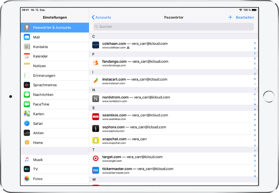 Ein Passwortbildschirm mit einer alphabetischen Liste der Websites und den Namen der zugehörigen Accounts. Für die erste Website in der Liste wird neben der URL ein Warnsymbol wegen eines wiederverwendeten Passworts angezeigt.