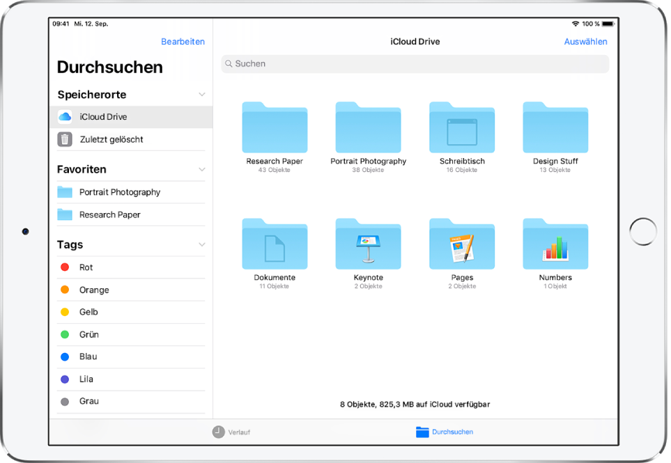 Die App „Dateien“ mit der Seitenleiste zum Durchsuchen links und Ordnern für einen iCloud Drive-Speicherort rechts
