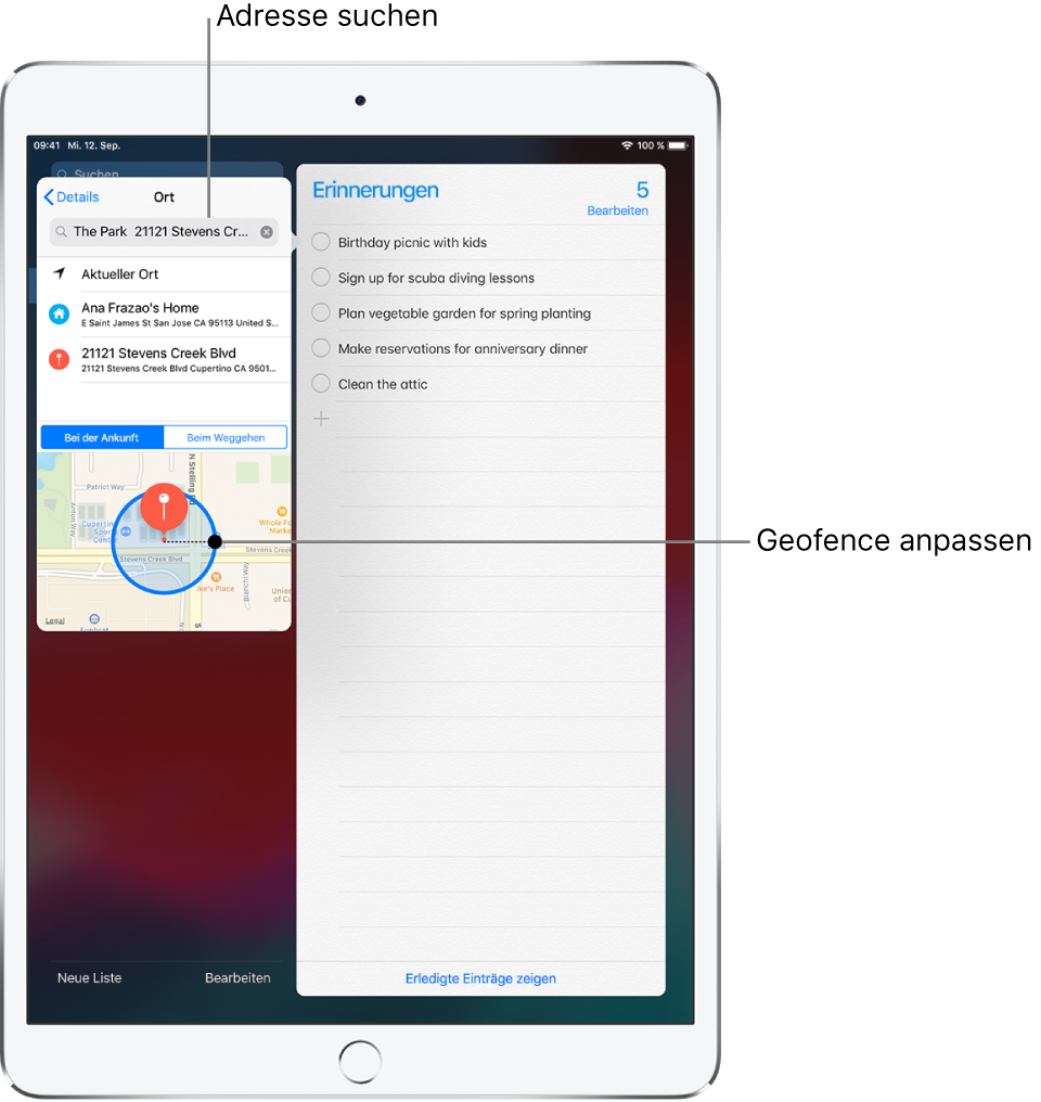 Die Ortsangaben für eine Erinnerung. Ganz oben auf dem Bildschirm ist das Suchfeld mit einer eingegebenen Adresse zu sehen. Darunter wird die Adresse des Orts in den Suchergebnissen angezeigt. Im unteren Teil des Bildschirms ist eine Karte zu sehen, auf der das geografische Gebiet (Geofence) um den Ort dargestellt wird. An der rechten Geofence-Kante befindet sich ein Punkt, der gezogen werden kann, um die Größe des geografischen Gebiets zu ändern.