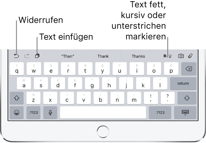 Vergrößerung der oberen Tastaturreihe mit Textvorschlägen darüber. Links und rechts von den Textvorschlägen sind die Symbole der Kurzbefehlleiste zu sehen.