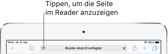Die Werkzeugleiste der App „Safari“ mit der Taste „Reader“ ganz links im Adressfeld.