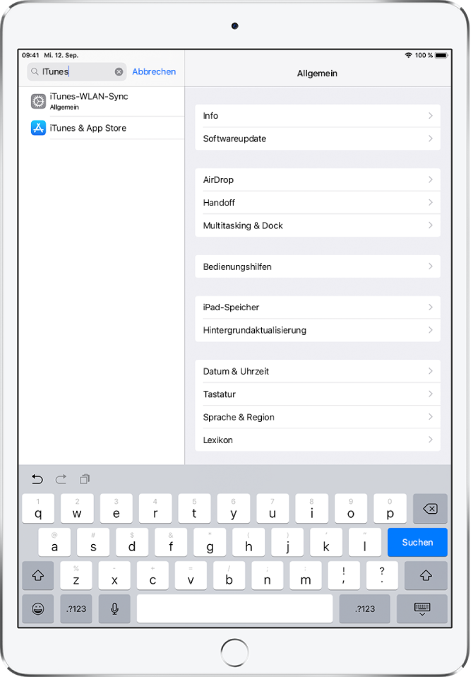 Der Bildschirm zum Suchen nach Einstellungen mit dem Suchfeld ganz oben. Im Suchfeld ist der Begriff „iTunes“ zu sehen. Die Liste darunter enthält zwei Einträge, in denen der Suchbegriff gefunden wurde.