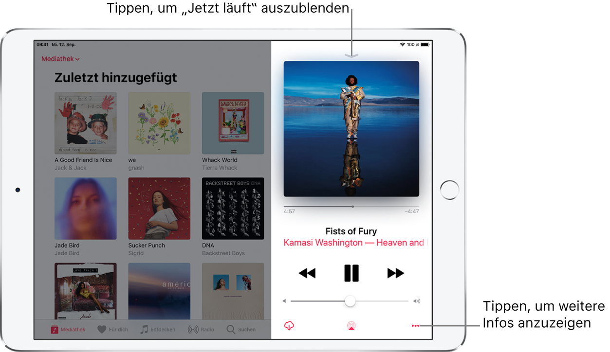 Bildschirm „Jetzt läuft“ mit dem Cover eines Albums. Darunter befinden sich die Abspielposition, die Namen des Musiktitels, des Künstlers und des Albums, die Bedienelemente für die Wiedergabesteuerung, der Lautstärkeregler, die Taste „Download“, die Taste „Wiedergabeziel“ und die Taste „Mehr“. Die Taste zum Ausblenden des Bildschirms „Jetzt läuft“ ist ganz oben.