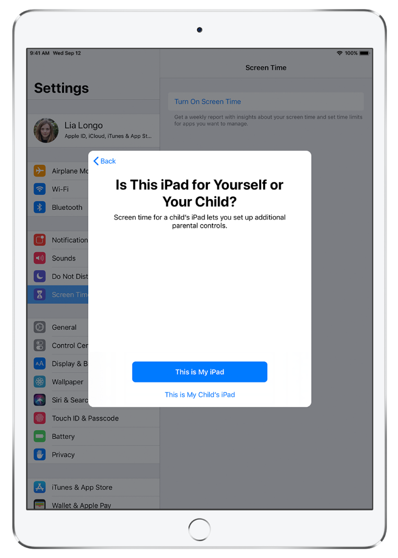 A setup screen of Screen Time showing the option to select This is My iPad or This is My Child’s iPad.