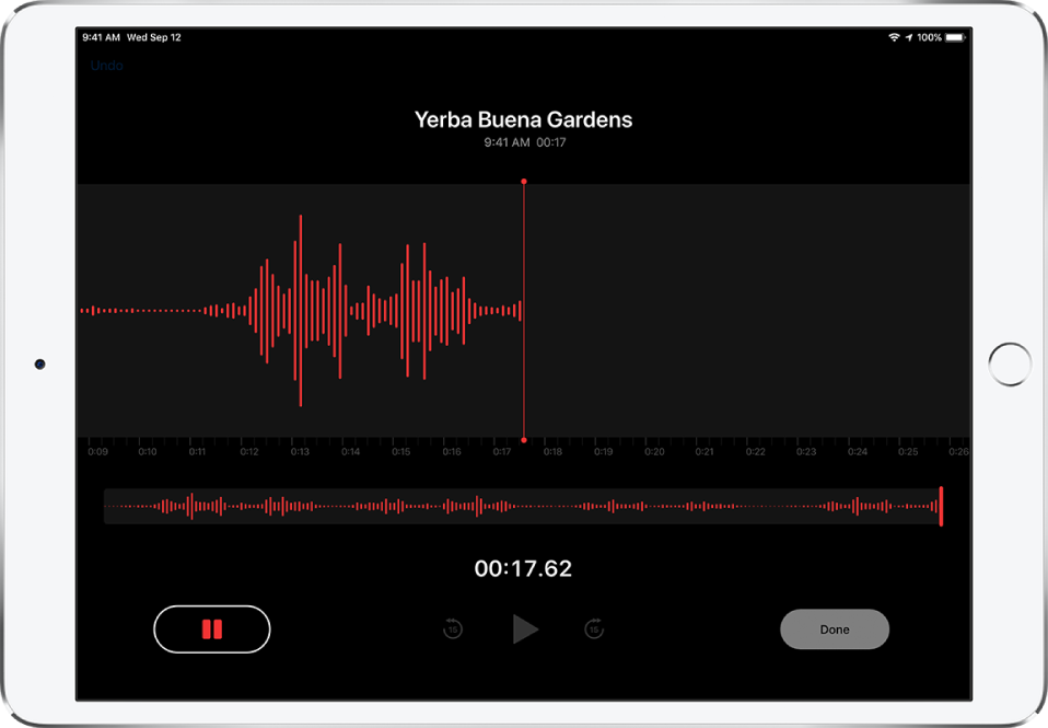 The Voice Memos record screen with controls for starting, pausing, playing, and finishing a recording.