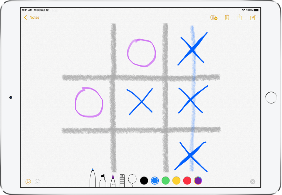 A note with a sketch of a tic-tac-toe game. Drawing tools appear below the sketch.