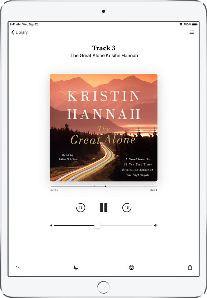 The audiobook player screen showing the audiobook cover. Below are the playhead, track number, author and audiobook name, play, pause, and skip ahead or back controls. At the bottom of the screen from left to right are the playback speed button, sleep timer button, playback destination button, and share button. The track list button is at the top right and the close book button is at the top left.