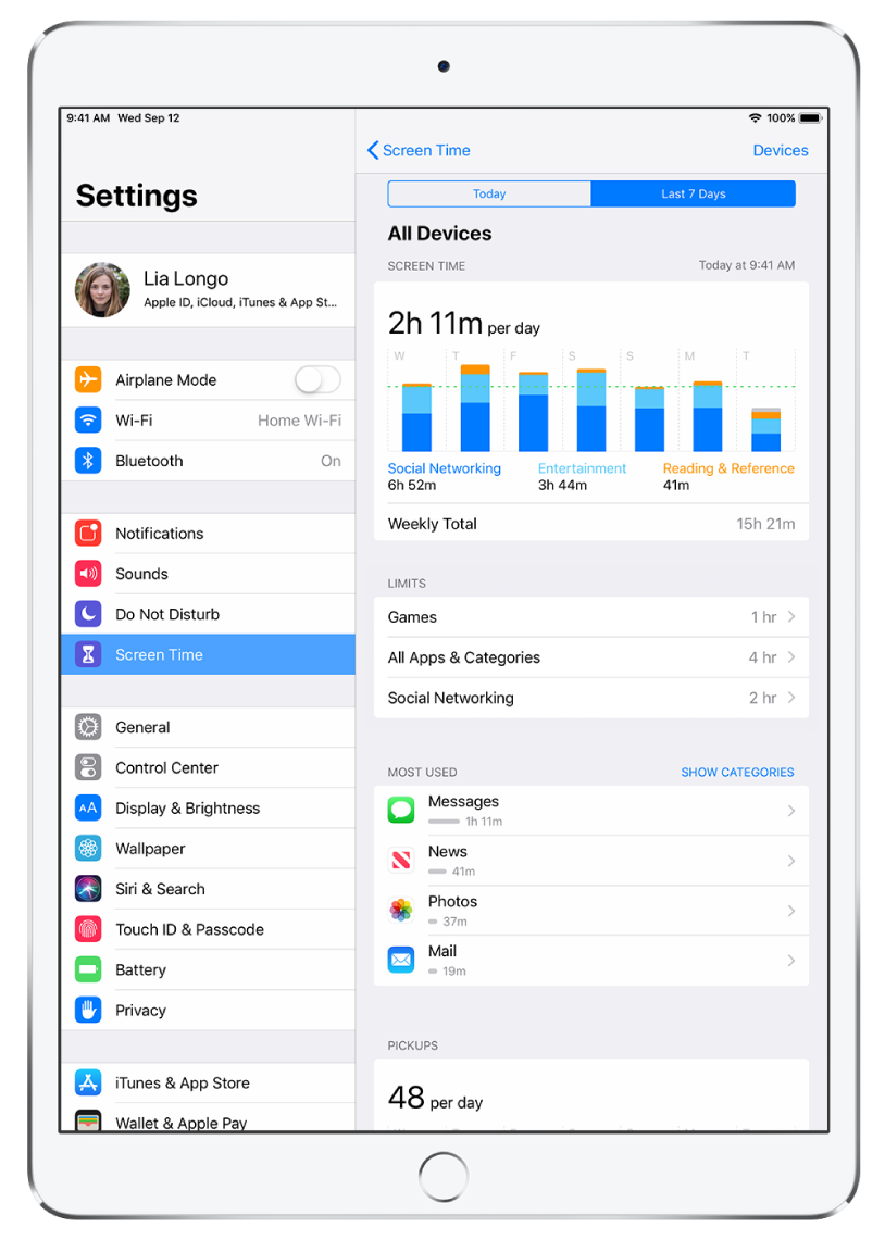 Screen Time is selected in Settings. On the right side of the screen is a Screen Time activity report. The top of the report shows the option to select Today and Last 7 Days. Last 7 Days is selected. At the top of the report is a chart that shows how much time was spent using games, entertainment, and social networking for each day of the week. Below the chart is the Limits section, where you can set time limits for games, apps, and social networking. Below that, the most-used apps are listed. At the bottom of the report, the total number of times the device was picked up is shown.