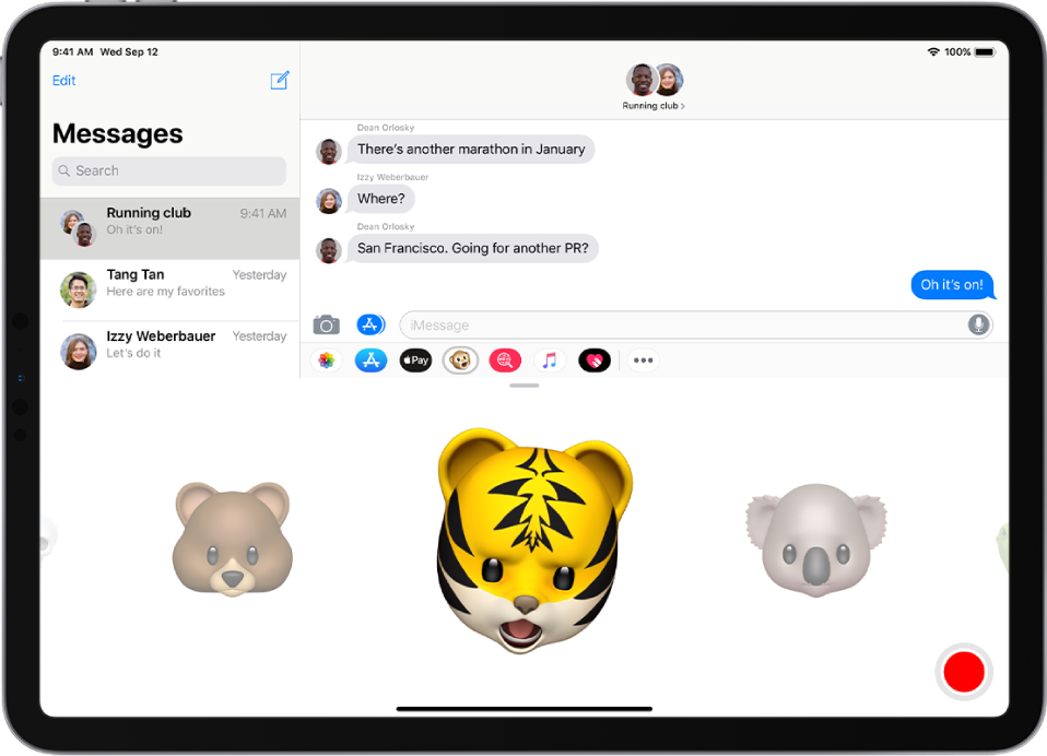 A Messages conversation with an Animoji selected and ready to be recorded before being sent.