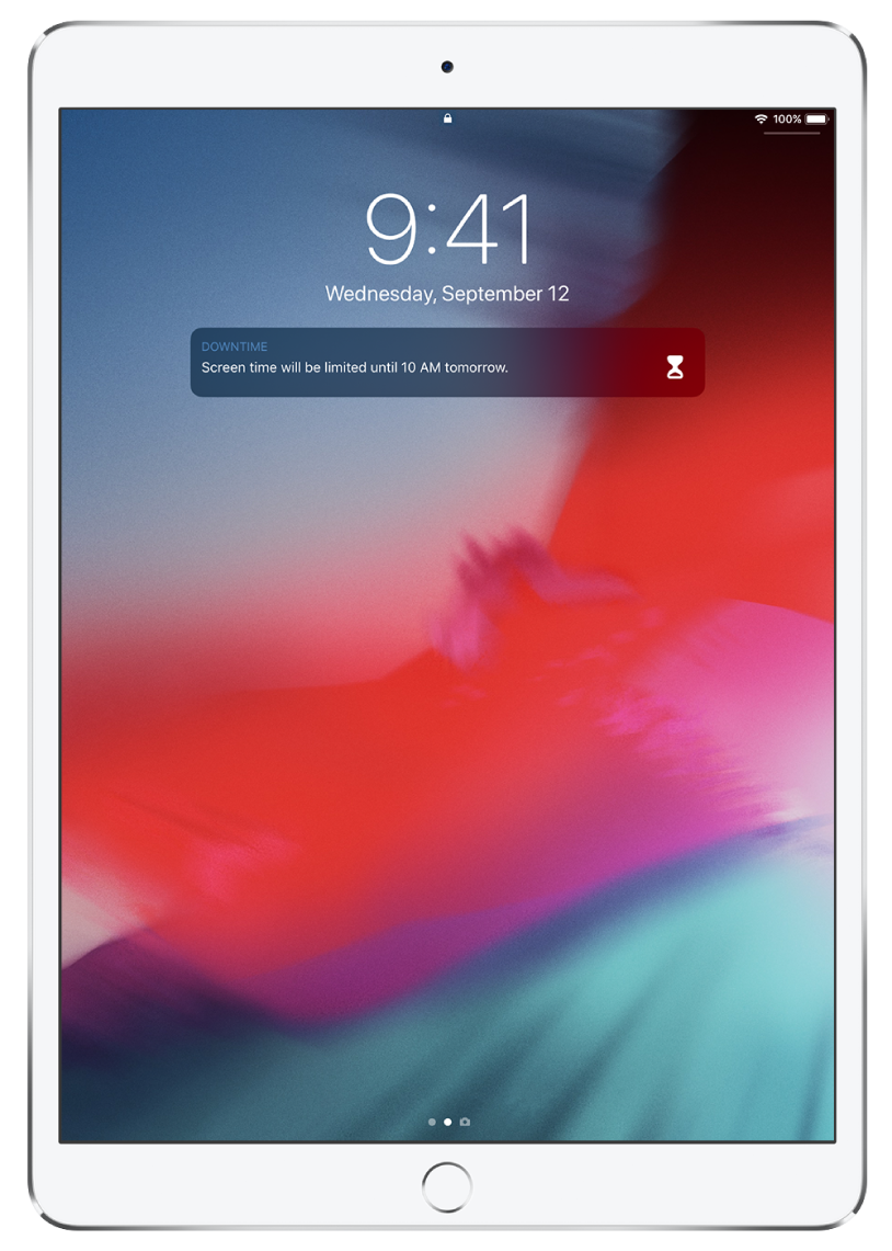 The iPad Lock screen showing a Downtime notification that Screen Time is limited until 10:00 a.m.