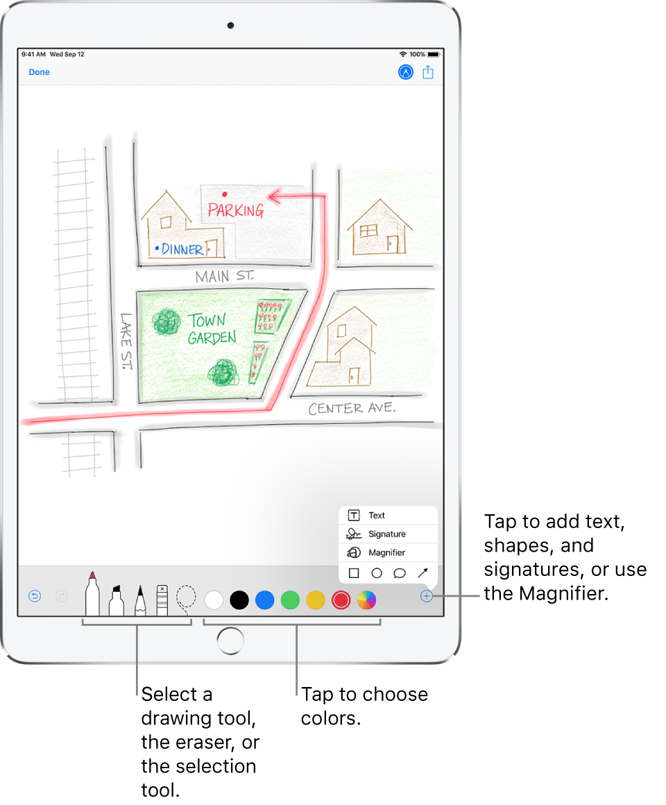A picture drawn in an email. The tools for creating the drawing are at the bottom of the screen. The tools are, from left to right, pens, a pencil, an eraser, a selection tool, six color choices, and the Add button for adding a text box, a signature, and shapes, and for using the Magnifier.