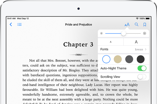 The appearance menu in a book is selected showing controls for, from top to bottom, brightness, font size, style of font, page color, auto-night theme, and scrolling view.