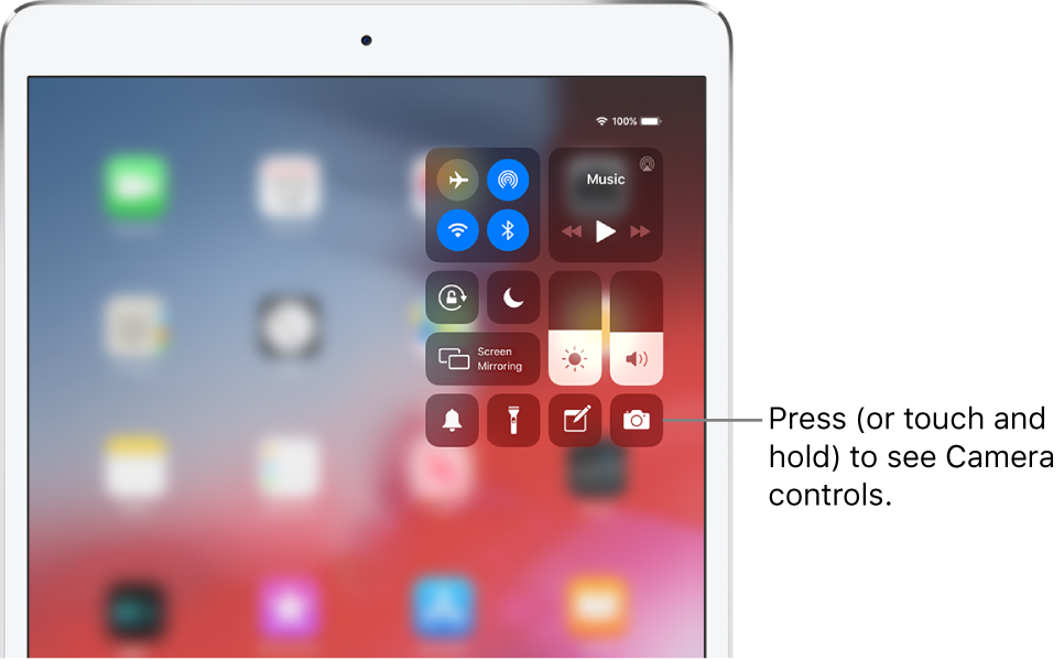 Controls for airplane mode, cellular data, Wi-Fi, and Bluetooth in the top-left group in Control Center for Wi-Fi + Cellular models. A callout to the Camera control says to touch and hold (or press) the Camera to see more Camera options.