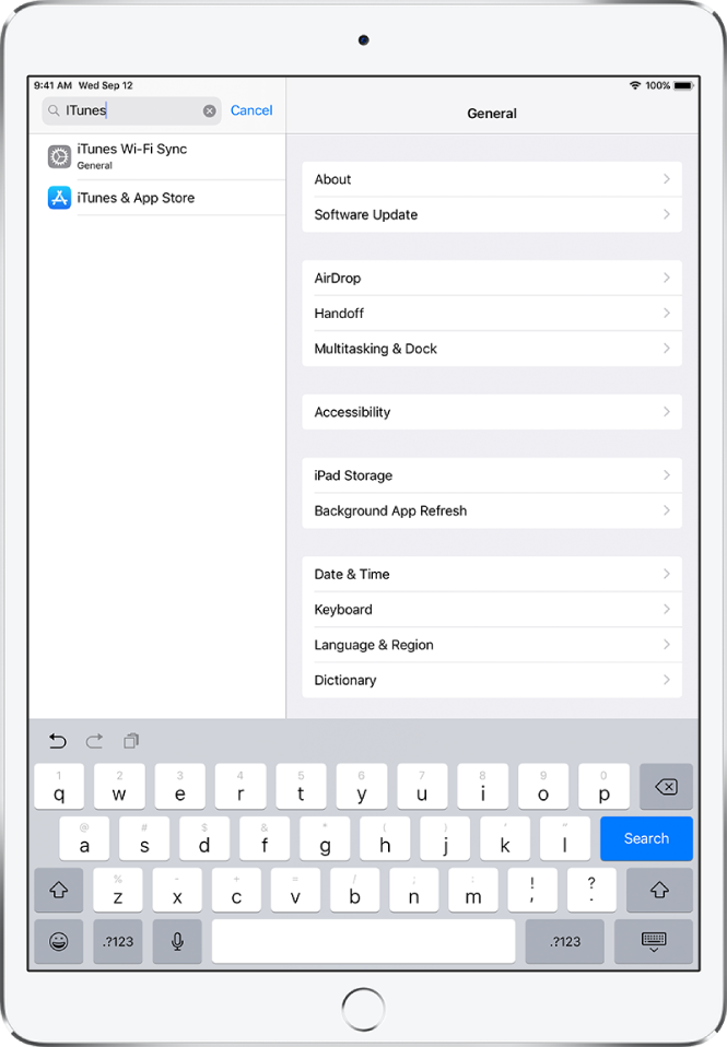 The screen for searching for settings, with the search field at the top left of the screen. The search string “iTunes” is in the search field, and two found settings are in the list below.