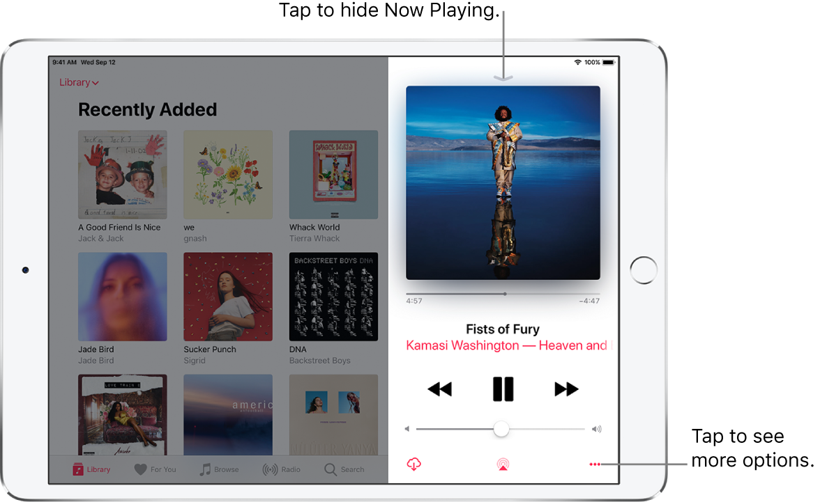 The Now Playing screen showing the album art. Below are the playhead, song title, artist and album name, play controls, Volume slider, Download button, Playback Destination button, and More button. The Hide Now Playing button is at the top.