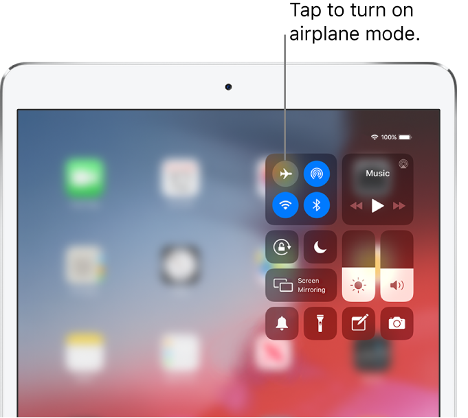 A portion of Control Center showing that tapping the top-left button turns on airplane mode.