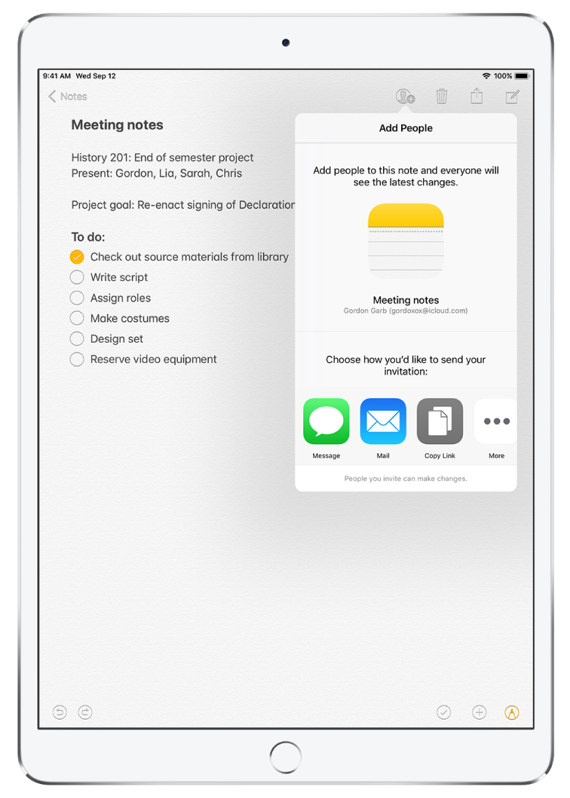 The Notes app showing a checklist and the Add People screen where you can send an invitation to collaborate.