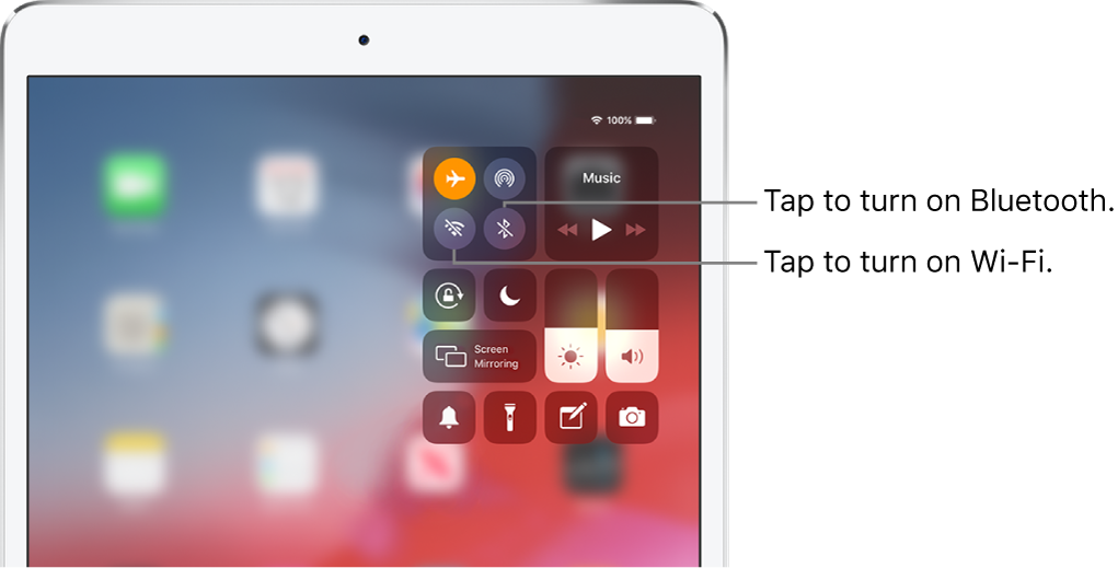 Control Center with airplane mode on, with callouts explaining that a tap on the bottom-left button in the top-left group of controls turns on Wi-Fi and a tap on the bottom-right button in that group turns on Bluetooth.