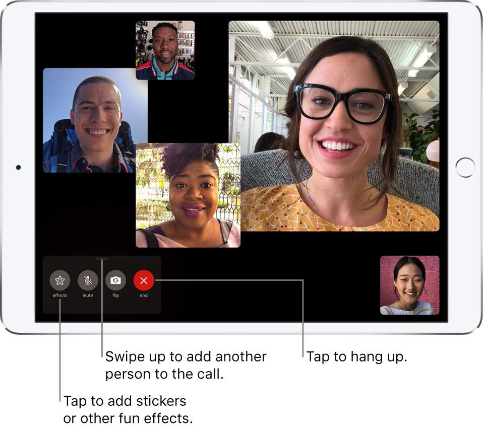 A Group FaceTime call with five participants, including the originator. Each participant appears in a separate tile, with larger tiles indicating the more active participants.