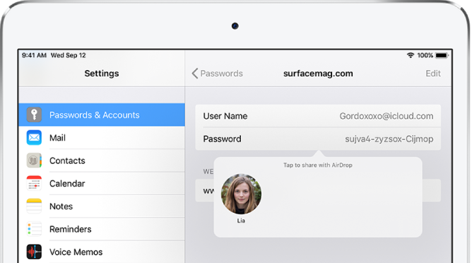 The Passwords & Accounts screen for a website. A button below the password field shows a picture of Lia under the instruction “Tap to share with AirDrop.”