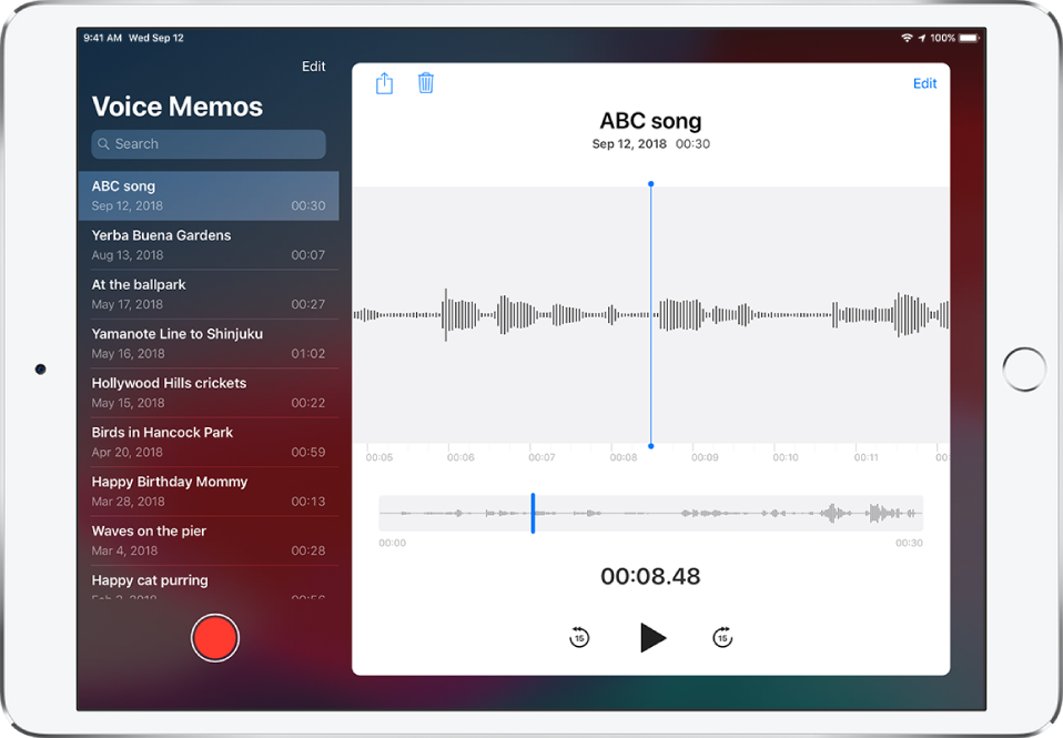 The Voice Memos list with a selected recording at the top. It has a playhead, and a timeline below the waveform. Above are the Share, Delete, Edit, and Trim buttons. Below the timeline are the buttons to skip back 15 seconds, play, and skip forward 15 seconds. At the left is a list of more recordings that can be opened with a tap.
