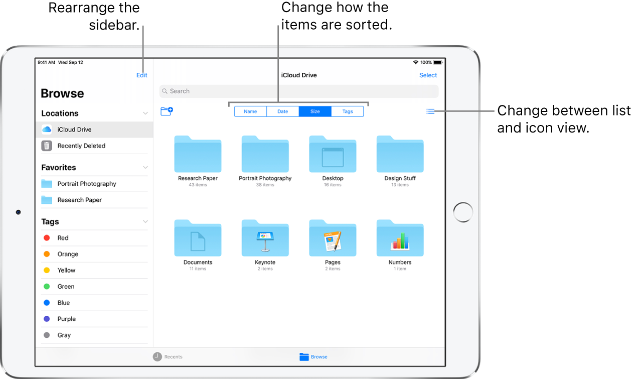 An iCloud Drive location showing buttons to rearrange the sidebar, to sort according to Name, Date, Size, and Tags, and to change between list and icon view.