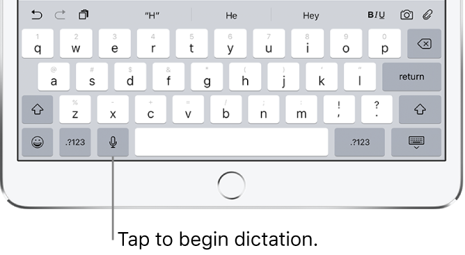 The onscreen keyboard showing the Dictate key to the left of the Space bar.