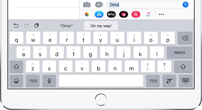 A message with the text shortcut OMW typed and “On my way!” suggested below.
