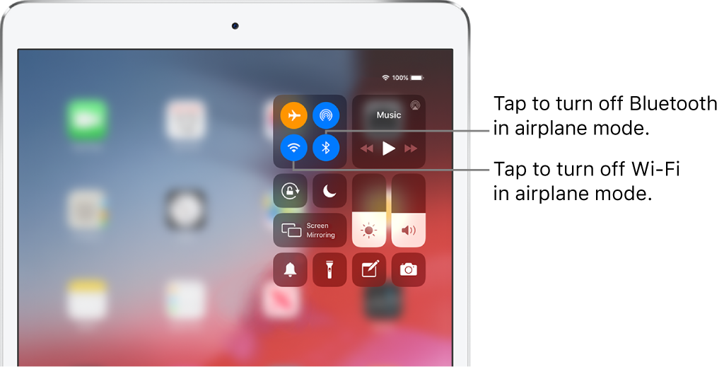 Control Center with airplane mode on, with callouts explaining that a tap on the bottom-left button in the top-left group of controls turns off Wi-Fi and a tap on the bottom-right button in that group turns off Bluetooth.