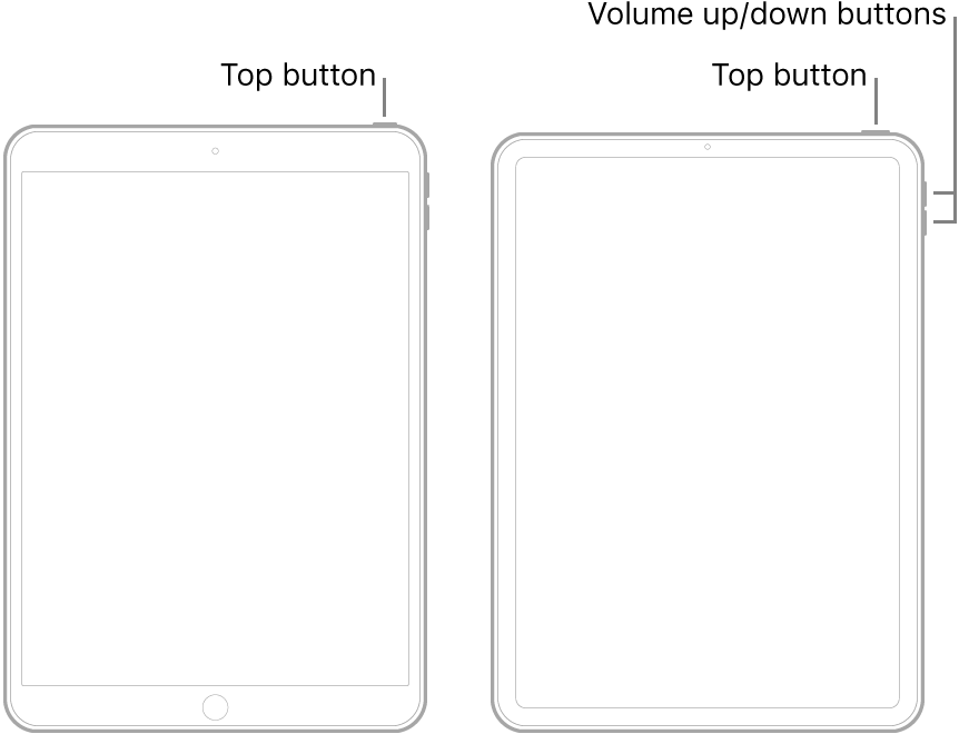 Illustrations of two types of iPad models with their screens facing up. The leftmost illustration shows a model with a Home button on the bottom of the device and a top button on the top-right edge of the device. The rightmost illustration shows a model without a Home button. On this device, volume up and volume down buttons are shown on the right edge of the device near the top, and a top button is shown on the top-right edge of the device.