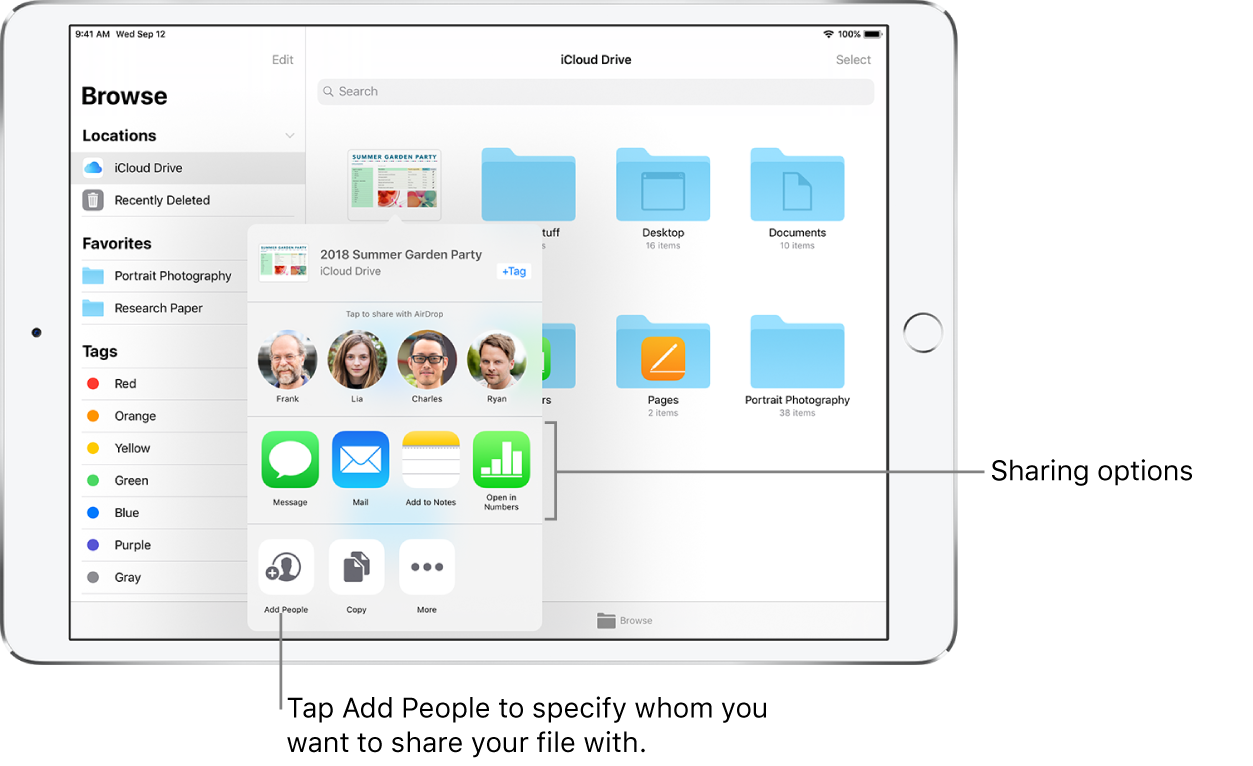 The File Sharing screen. At the top is the file selected to share. Below that are people you can share with using AirDrop. The next row shows sharing options, including Message, Mail, Add to Notes, and More. The bottom row has buttons for actions, including Add People, Copy, and more.
