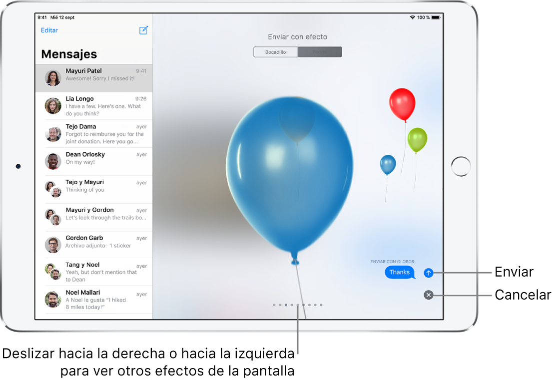 Vista previa de un mensaje con un efecto de pantalla completa con globos.