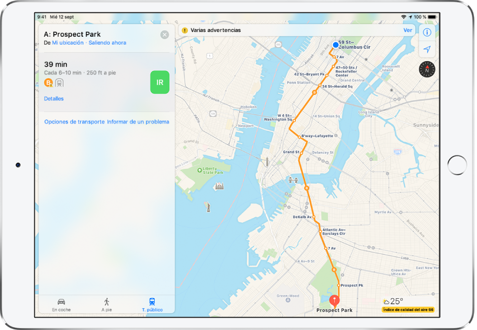 Mapa de transporte público de Nueva York con una línea de transporte público entre Columbus Circle y Prospect Park. Una tarjeta de ruta a la izquierda muestra que un tren va a salir en breve y que salen trenes cada pocos minutos. La estación está a 75 metros andando de la ubicación actual.