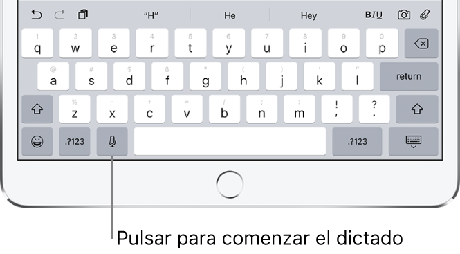 El teclado en pantalla con la tecla de dictado a la izquierda de la barra espaciadora.