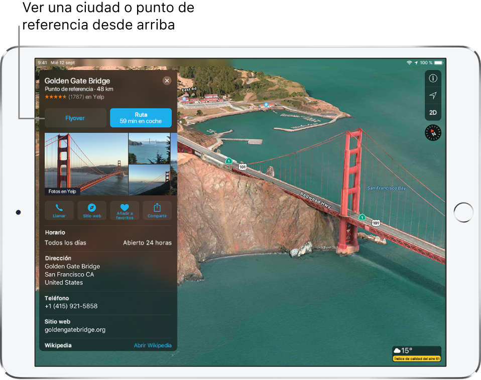 Imagen de una sección del Golden Gate. Una tarjeta de información en el lado izquierdo de la pantalla muestra el botón Flyover a la izquierda del botón Ruta.