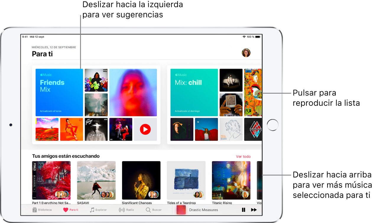 Pantalla “Para ti” con las listas “Selección de tus amigos” y “Música chill” en la parte superior. En la parte inferior derecha de la lista “Selección de tus amigos” se muestra un botón de reproducción. Debajo se encuentra la sección “Tus amigos están escuchando”, con cinco álbumes.