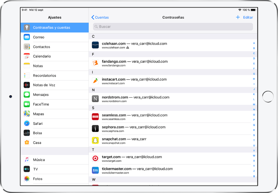 Pantalla de Ajustes para “Contraseñas y cuentas” con una lista alfabética de sitios web y los nombres de las cuentas. El primer sitio web enumerado tiene un distintivo de contraseña reutilizada junto a su URL.